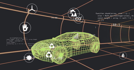 Poster - Image of multiple digital icons over 3d car model moving in seamless pattern in a tunnel