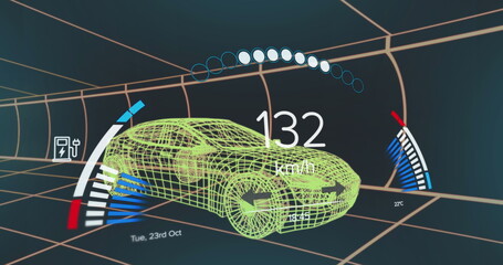 Poster - Image of speedometer interface over 3d car model moving in seamless pattern in a tunnel