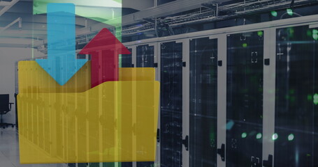 Poster - Image of financial data processing with folder icon over computer servers