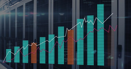 Poster - Image of statistical data processing and light spots against computer server room