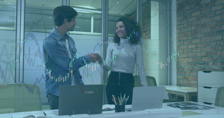 Poster - Image of statistical data processing over diverse man and woman discussing over laptop at office