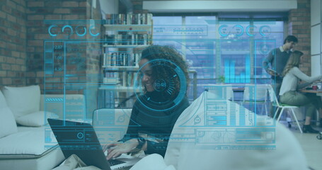 Poster - Image of interface with data processing over african american woman using laptop at office