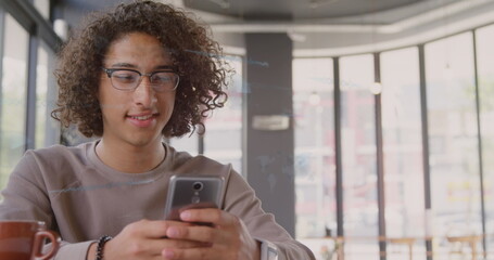 Poster - Image of financial data processing over biracial man using smartphone in office