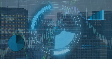 Poster - Image of round scanner, statistical and stock market data processing against view of cityscape