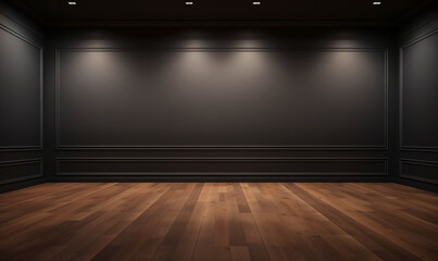 empty room with black blank wall and wooden floor, generated ai