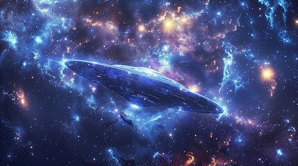 Wall Mural - A lone UFO illuminated by a nearby star, surrounded by a galaxy filled with sparkling nebulae and astronomical phenomena