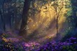 A forest with a lot of purple flowers and trees