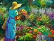 A woman in a blue dress is tending to a garden