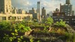 A cityscape with a rooftop garden filled with plants