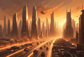 Futuristic City with Hight Towers, Buildings, Skyscrapers and Transportation in the Future with Sunset Sky Landscape Illustration Image Generative AI