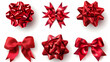 © sania - Set of red gift bows isolated on white background, top view. Realistic vector illustration. Illustration of different types and shapes of bow for decoration with ribbon,