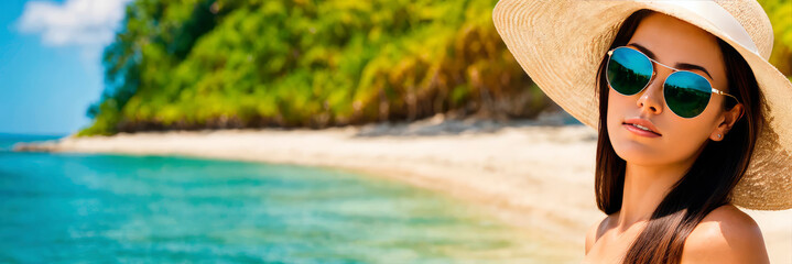 Wall Mural - woman in a hat on a tropical beach. Selective focus.