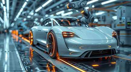 Fototapete - The robots arm, assembling an electric car in a futuristic factory. Generative AI.
