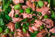 Salad with smoked trout, edamame beans, quinoa and green peas. Full frame texture