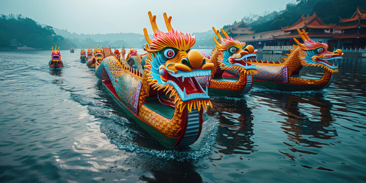 Traditional colorful dragon boats. Dragon Boat Festival in China, Asia. Duanwu Festival. Banner
