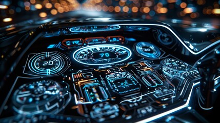 Aufkleber - A depiction of a futuristic car dashboard screen, intricate geometric patterns, cool blue and silver colors, symbolizing innovation and luxury. Generative AI.