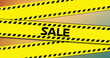Image of sale text banner on yellow police tapes against gradient background