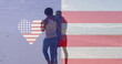 Image of america flag in heart over american flag, african american couple walking on beach
