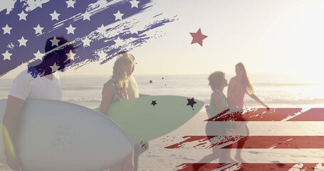 Poster - Image of flag of america over diverse friends walking with surfing walking towards ocean
