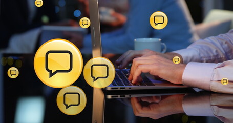 Poster - Image of message icons moving over cropped hands of caucasian woman working over laptop in cafe