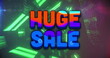 Image of huge sale text over glowing neon shapes on black background