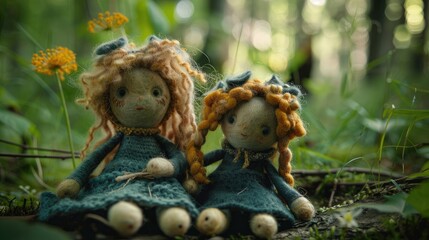 Wall Mural - Composition of two dolls sitting in the forest Toys made from fur using bleaching and knitting technology. fairy tale characters