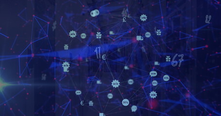 Poster - Image of numbers falling over connected icons forming globe and connected dots