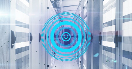 Poster - Image of neon round scanner, black particles and light trails against computer server room