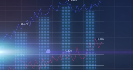 Leinwandbilder - Image of multiple graphs with changing numbers over grid pattern and lens flares