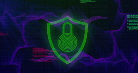 Poster - Image of padlock in shield and computer language over dynamic waves on black background