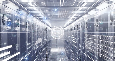 Poster - Image of connected dots, loading bars, circles, squares, graphs over server room