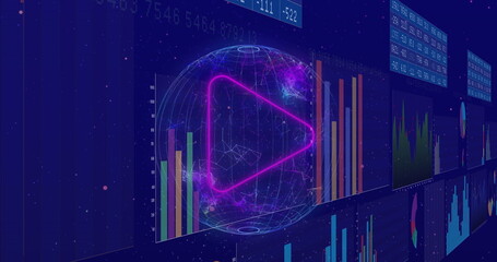 Poster - Image of multiple graphs and numbers charts with connected dots on globe over blue background