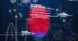 Red fingerprint overlaying digital data and binary code, symbolizing cybersecurity