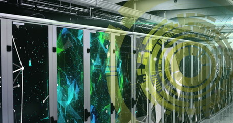 Poster - Image of loading circles over connected dots and globe over data server racks in server room