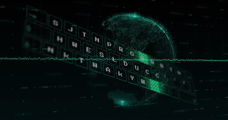 Poster - Image of graphs, moving pattern on keyboard, changing numbers and globe over black background