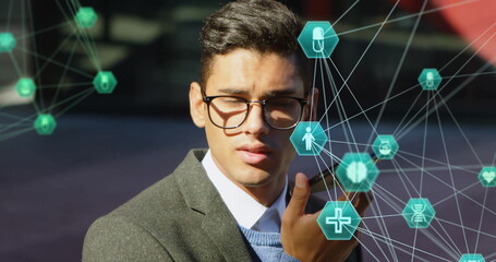 Poster - Biracial young adult wearing glasses interacting with virtual icons
