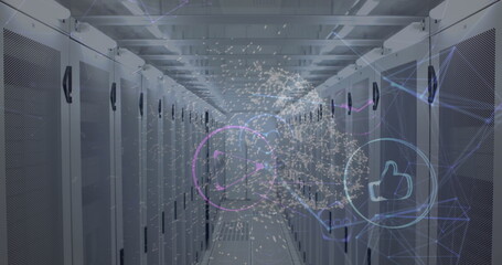 Poster - Server racks lining corridor, digital data flowing with icons