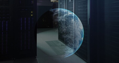 Poster - Image of globe rotating over data server racks