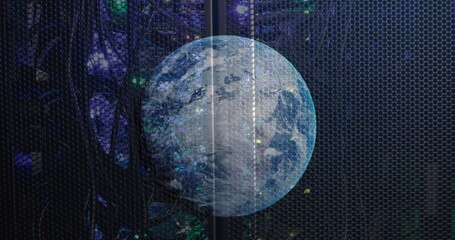 Poster - Image of rotating globe over illuminated back panel of server rack in server room