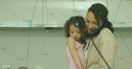 Poster - Image of neworks of connections with icons over caucasian woman using smartphone