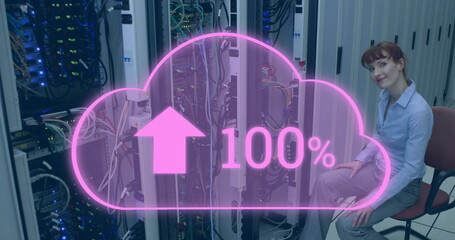 Poster - Image of cloud with increasing number over smiling caucasian woman sitting at servers