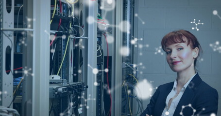 Poster - Image of molecules over smiling caucasian woman standing at servers