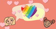 Image of rainbow heart and girls icons over pink background