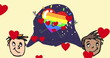 Image of rainbow heart over hearts and boys icons