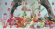 Image of falling food over fruit and vegetable on table