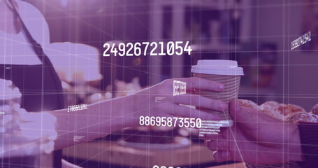 Poster - Image of changing numbers over caucasian waiter giving coffee to customer
