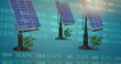 Image of stock market data processing over three solar panels and plant sampling