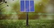 Image of data processing over solar panel on grass against spots of light