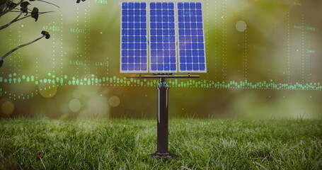 Wall Mural - image of data processing over solar panel on grass against spots of light
