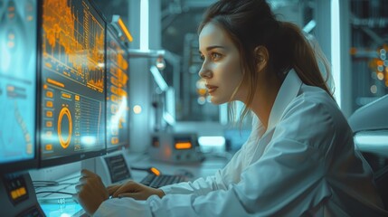 Aufkleber - A professional woman working intently at her desk with a vintage computer displaying graphs, surrounded by complex retro-futuristic machinery with orange accents. Generative AI.